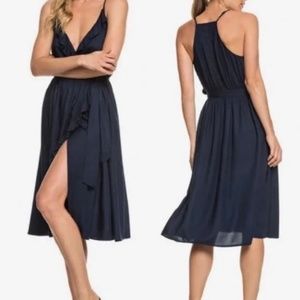 Roxy Womens Rooftop Sunrise Midi Ruffle Wrap Dress Medium Navy Blue Embroidered